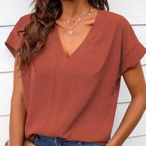NWT V‑Neck Short Bat Sleeve Loose Top Rust Casual Women’s Blouse XLarge